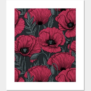 Poppies in Viva Magenta Color of the Year 2023 on dark gray Posters and Art